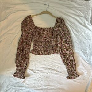 H&M Brown Smocked Puff Sleeve Blouse